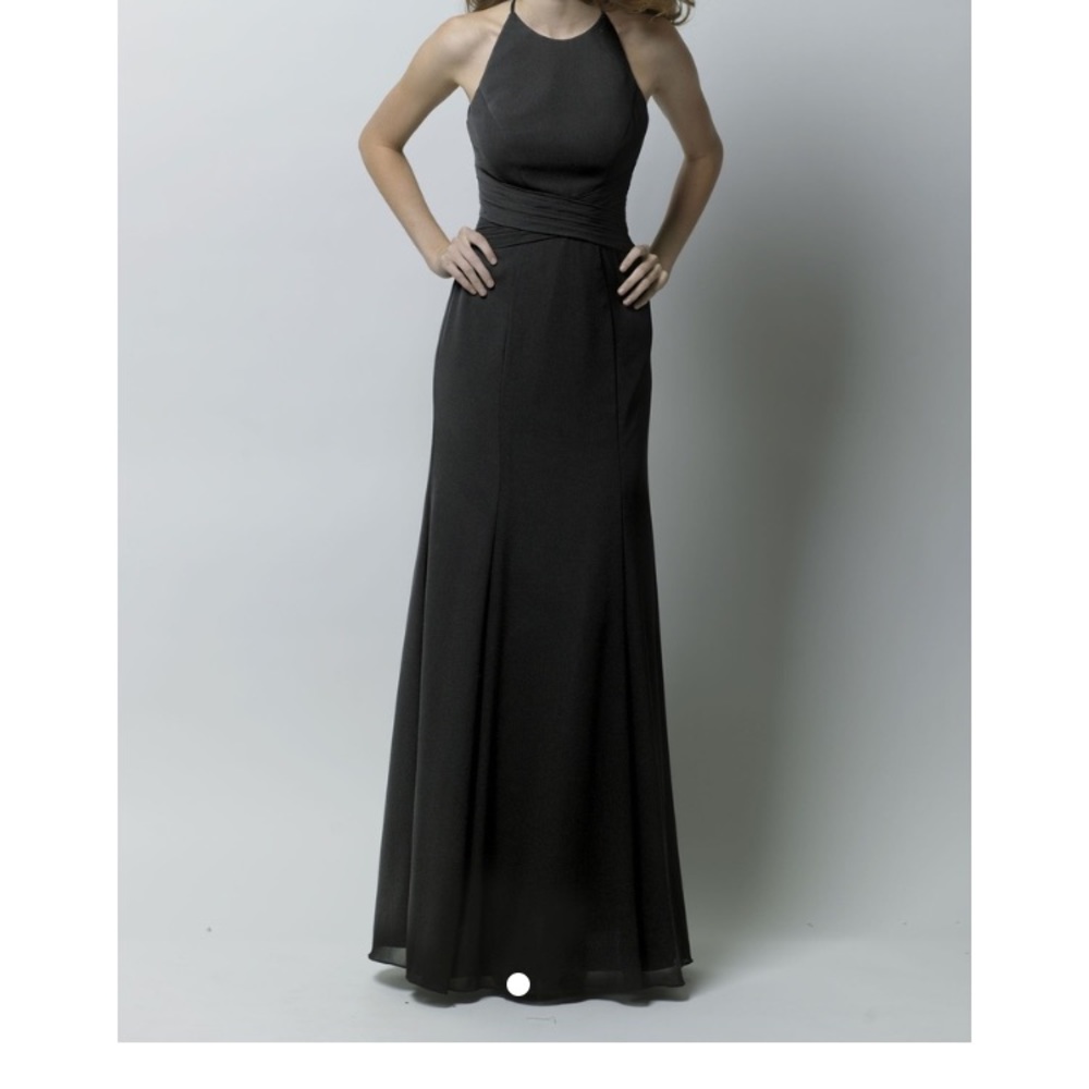 Long black bridesmaid, formal, or prom dress.